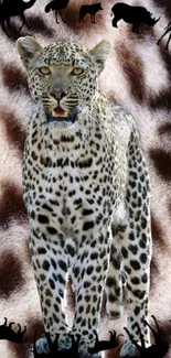 Majestic leopard on animal print background wallpaper.