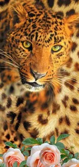 Leopard with floral design on mobile wallpaper, featuring vivid colors and details.