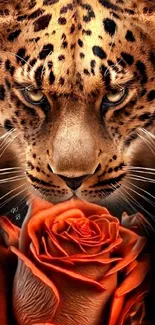 Leopard gazing over a vibrant orange rose.