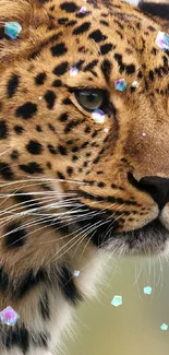 Close-up of leopard with sparkling gemstones.