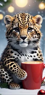 Adorable leopard cub holding a red mug in snowy winter forest scene.