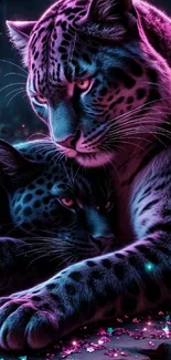 Two leopards resting in vibrant neon glow.