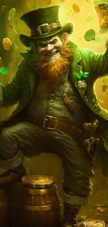 Leprechaun raising a toast surrounded by gold coins and barrels.