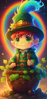 Charming leprechaun with rainbow and magic aura.