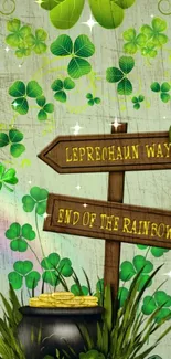 Whimsical leprechaun-themed wallpaper with shamrocks and pot of gold.