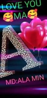 Letter A with red heart balloons on black background.