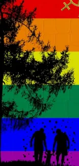 Silhouette of family under a tree with rainbow stripes in LGBTQ+ theme.