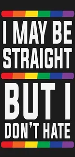 Inspirational quote with rainbow theme on black background promoting equality and love.