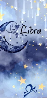 Libra themed wallpaper with stars and crescent moon against a blue background.