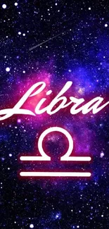 Libra sign on a vibrant galaxy backdrop with stars.