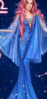 Libra zodiac woman in blue gown with pink hair under starry sky.