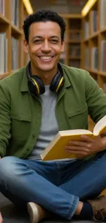 A young man smiling while reading in a library, wearing headphones.