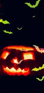 Glowing pumpkin with bats flying against a dark background.