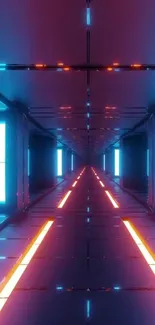 Futuristic neon tunnel with vibrant blue and orange lights.