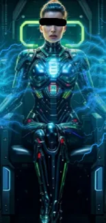 Cybernetic female in futuristic setting with electric blue aura.