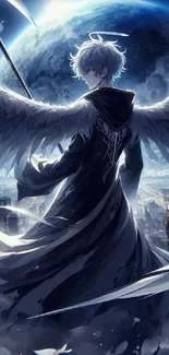 Anime angel with wings over futuristic city.