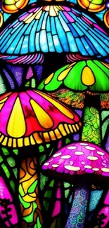 Vibrant stained glass mushroom design featuring colorful and intricate patterns.