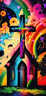 Vibrant church and cross with colorful abstract design.