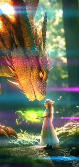 A mystical dragon and girl in a forest scene, glowing with magic.