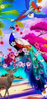 Tropical fantasy wallpaper with peacock and vibrant flowers.