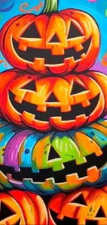 Colorful stacked pumpkins on Halloween wallpaper.