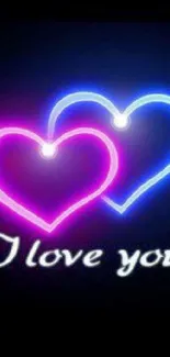 Neon hearts glowing in pink and blue with 'I love you' text.