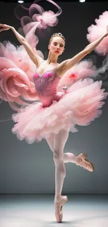 Ballerina in pink tutu dancing gracefully in mist.