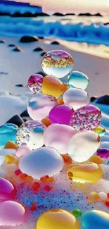 Colorful bubbles stacked on sandy beach.