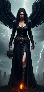 Dark angel with black wings in a stormy cemetery.