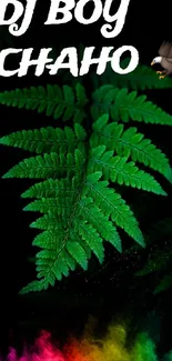 Mobile wallpaper with vibrant green fern leaves on a dark background.