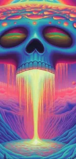 Psychedelic skull wallpaper with vibrant neon colors and surreal design.