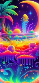 Vibrant neon art wallpaper featuring a colorful dreamscape and cosmic elements.