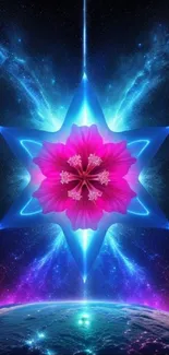 Abstract cosmic flower star wallpaper with vibrant colors and space background.