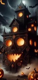 Haunted Gothic house with glowing pumpkins and bats under a dark, eerie sky.