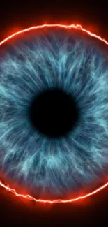 Close-up of a vibrant blue eye with a fiery red ring on a mobile wallpaper.