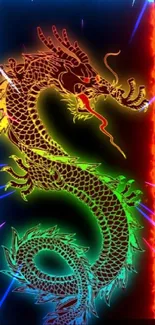 Vibrant neon dragon with fiery border design for mobile wallpaper.