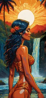 Tropical sunset art with a woman by a waterfall, vibrant orange tones.