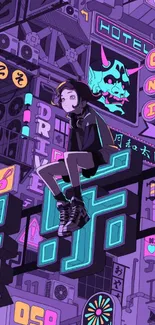 Anime character in neon-lit cyberpunk cityscape with bold colors.