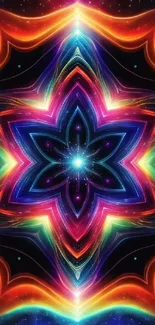 Vibrant kaleidoscope wallpaper with colorful geometric design and cosmic stars.