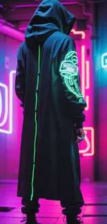 Cyberpunk hooded figure in neon-lit street scene.