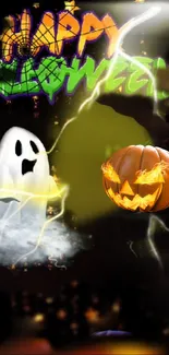 Halloween wallpaper with ghost and jack-o'-lantern.