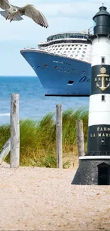 Surreal beach scene with a lighthouse, cruise ship, and flying seagull.