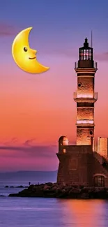 Lighthouse at sunset with a smiling moon emoji in the sky.