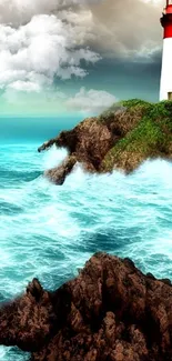 Lighthouse by the turquoise ocean with waves and rocky coast.