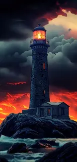 A lighthouse stands against a dramatic sunset sky with burning orange and dark clouds.