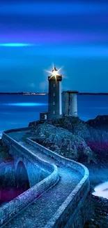 Beautiful lighthouse on a rocky coast at dusk with glowing light and deep blue sea.