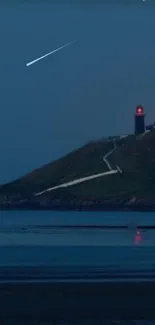 Night lighthouse with a glowing moon and shooting star over dark ocean.