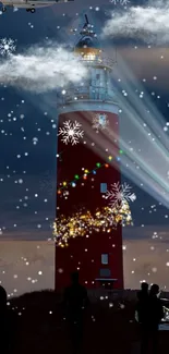 Lighthouse night scene with snowflakes and light beams.