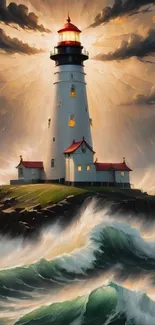 Lighthouse standing strong amidst stormy seas with dramatic waves.