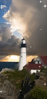 Lighthouse amidst sunset clouds and stars wallpaper.